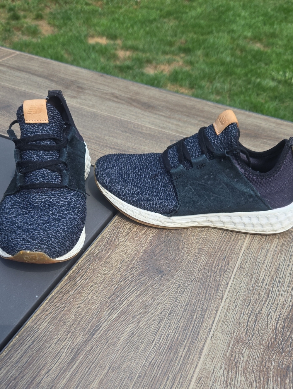 New Balance Women's Black Knit Athletic Sneakers with tan accents